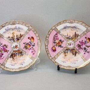 Pair of Meissen Pink Quatrefoil Hand Painted Antique 7.5 inch Plates